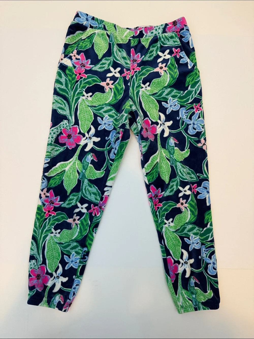 Lilly Pulitzer Girls Navy Floral Joggers with Green Leaves and Pink Accents